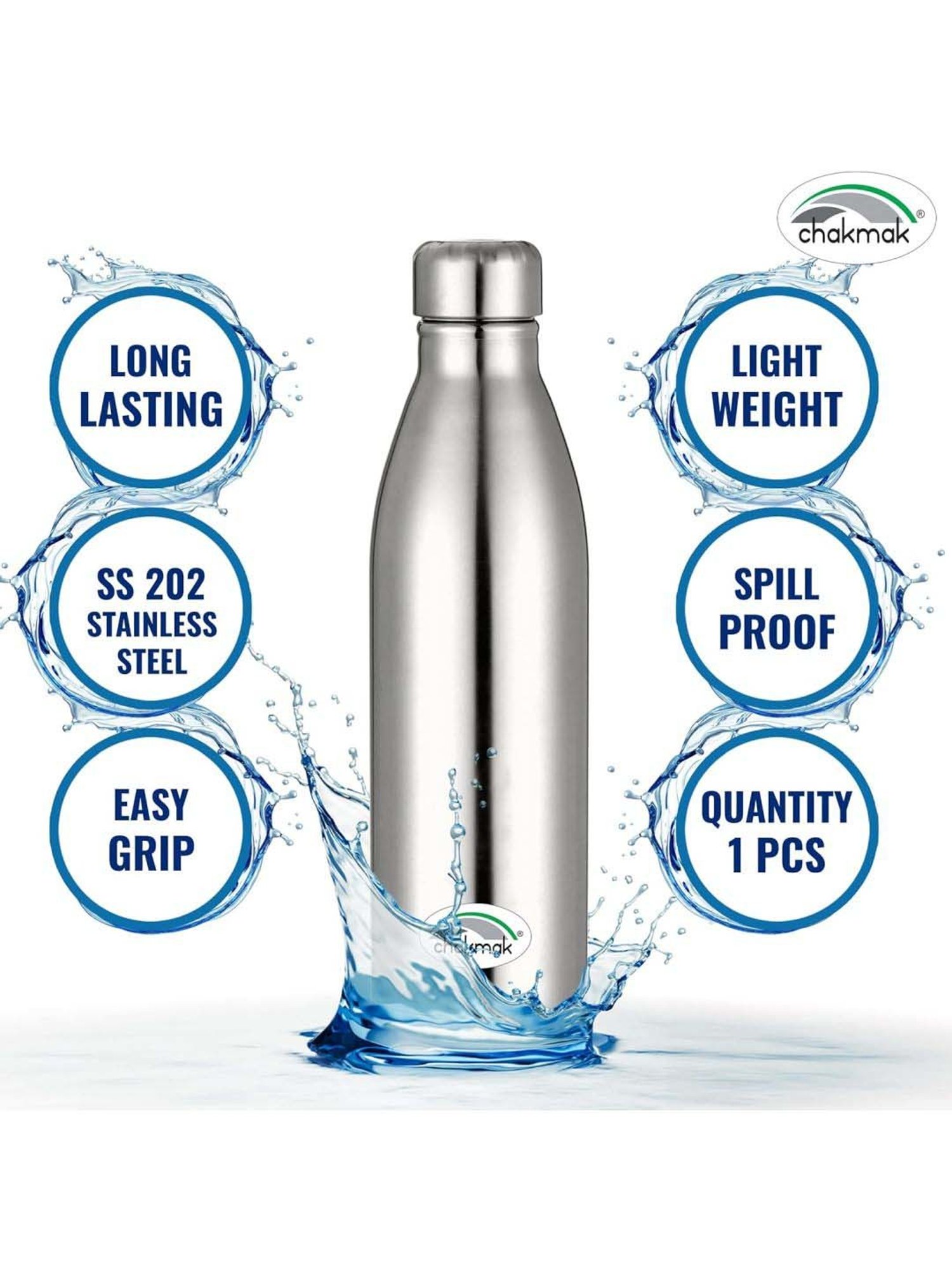 Chakmak Silver Stainless Steel Water Bottle