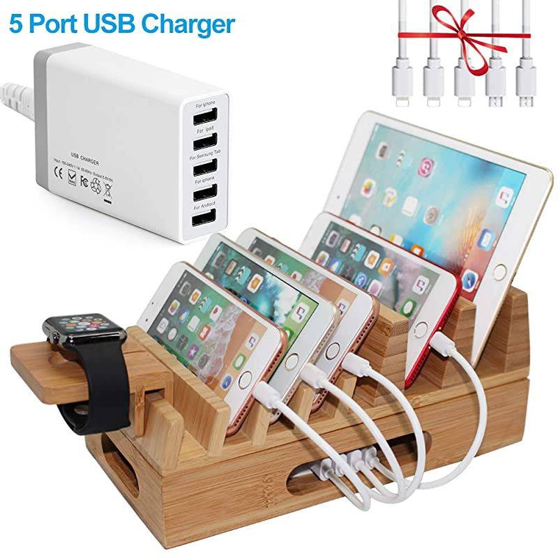 amp Hulin Bamboo Charging Station Holder with 5 Port USB Charger Watch Stand 5 x Charge Cable Wood Docking Stand Electronic Organizer for Multiple Devices Phones Tablets Laptop and More