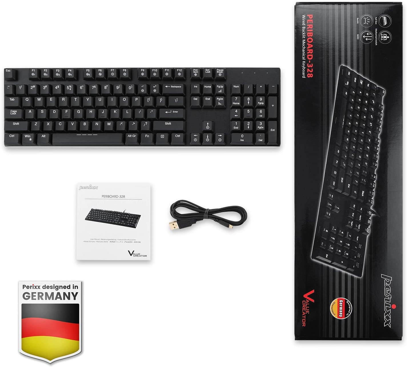 Perixx PERIBOARD-328 Full-Size Mechanical Keyboard with Kailh Low Profile Brown Switch, RGB Backlighting, Black, US English Layout