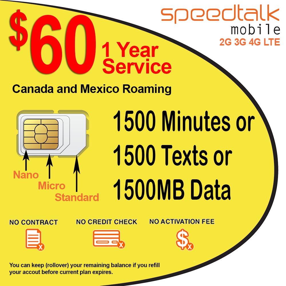 1 Year Wireless Service / Rollover 1500 Mins Talk, Text and Data- $60 Preloaded GSM SIM Card