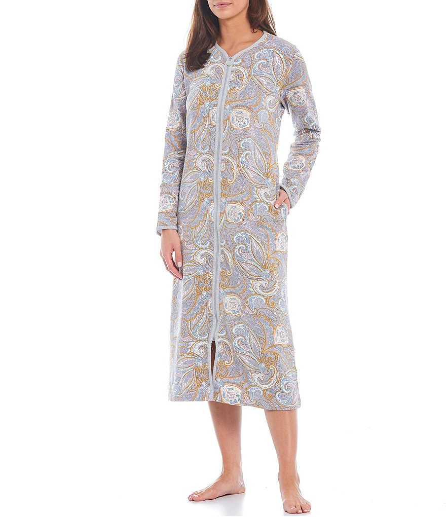 Miss Elaine Petite Paisley Print French Terry Long Sleeve Zip Front Round Neck Long Robe