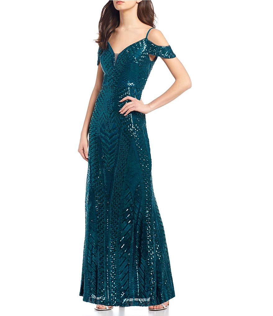 Sequin Hearts Y-Neck Pleated Satin Long Dress