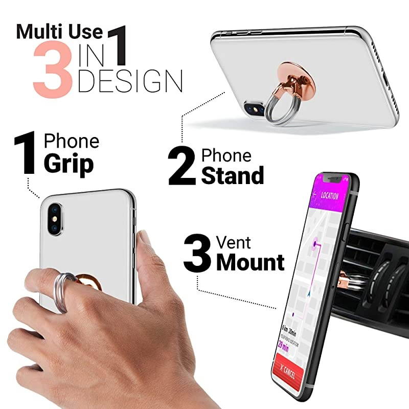 Phone Ring Holder 3in1 Phone Ring Phone Stand Phone Car Vent Mount Finger Grip Phone Holder for All iPhone Samsung Galaxy Rose Gold