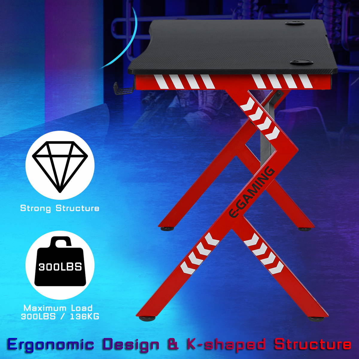 43" Computer Gaming Desk Carbon Fiber Surface with Headset & Cup Holder PC Table