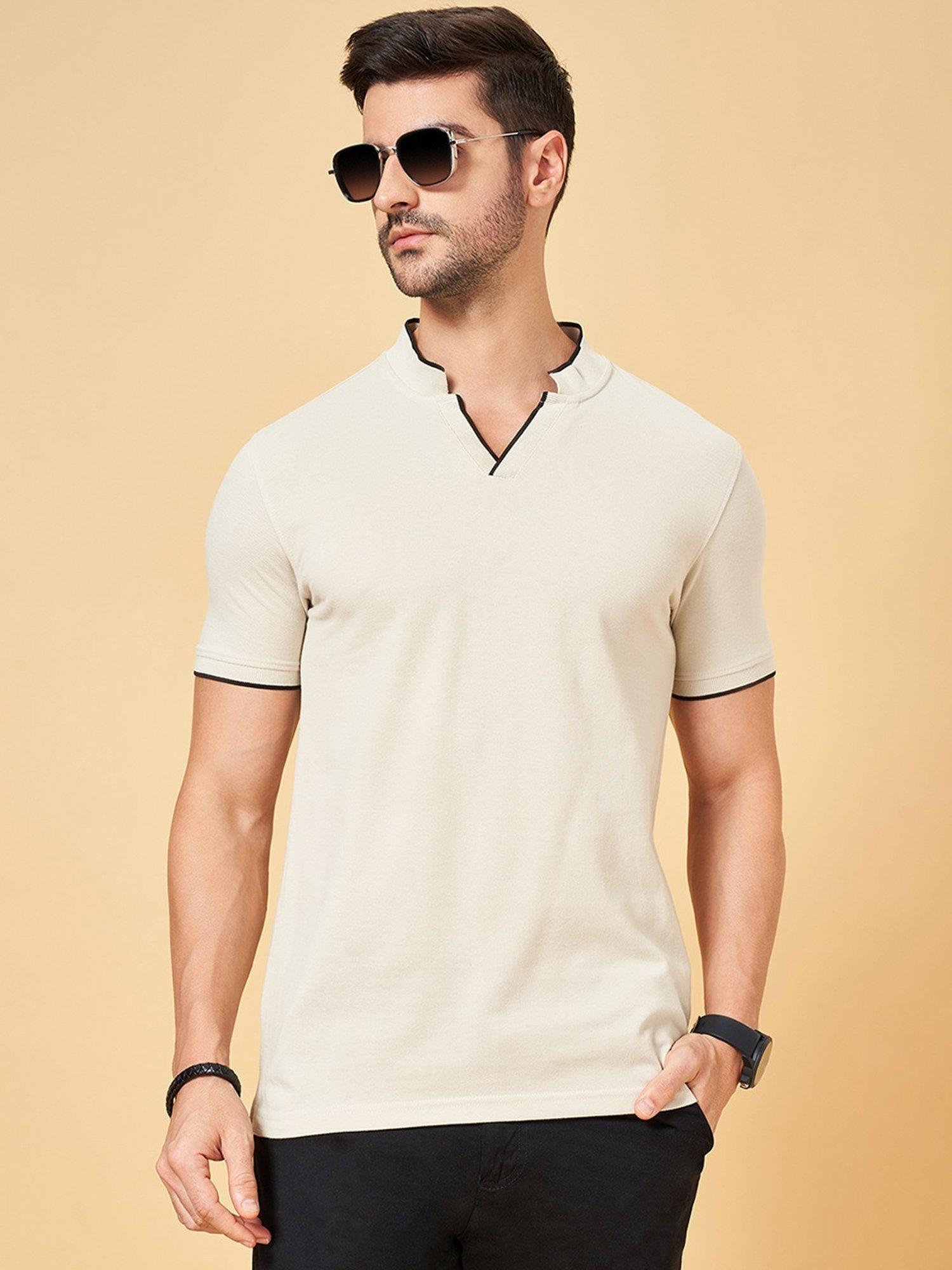 Byford by Pantaloons Beige Cotton Slim Fit T-Shirt