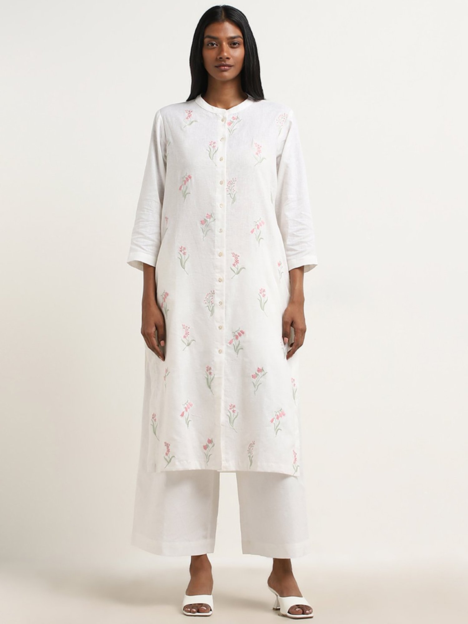 Zuba by Westside White Floral Embroidered A-line Cotton Kurta