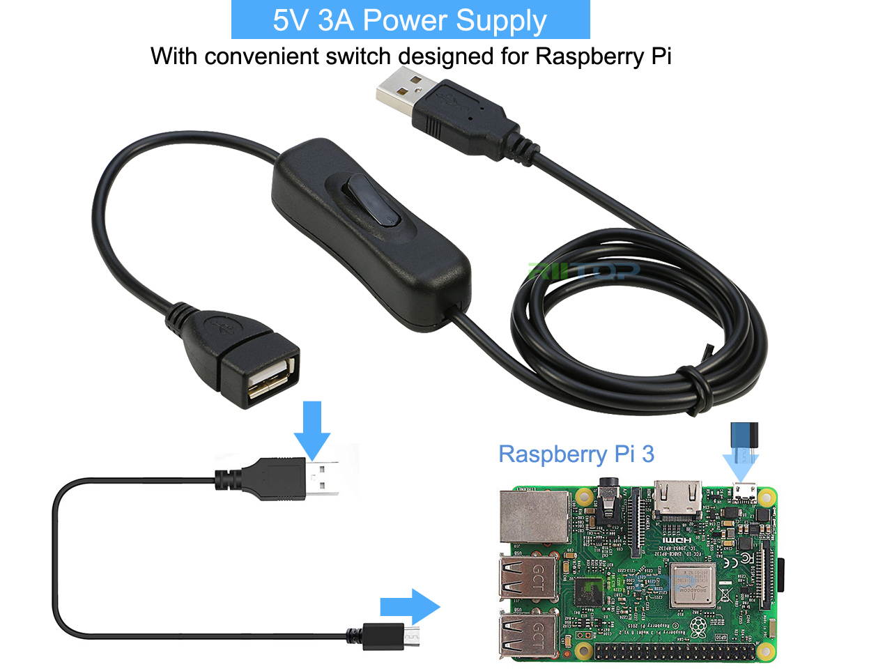 RIITOP USB Switch On Off Data and Power Extension Cable Adapter 3ft For iOS System, Raspberry Pi (2Pack)
