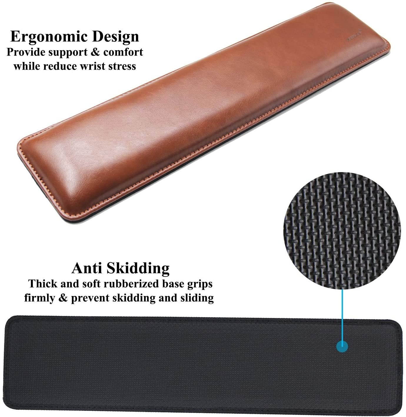 Meffort Inc Leather Keyboard Wrist Pad Ergonomic Anti Slip Wrist Rest Support for Office Gaming - Brown