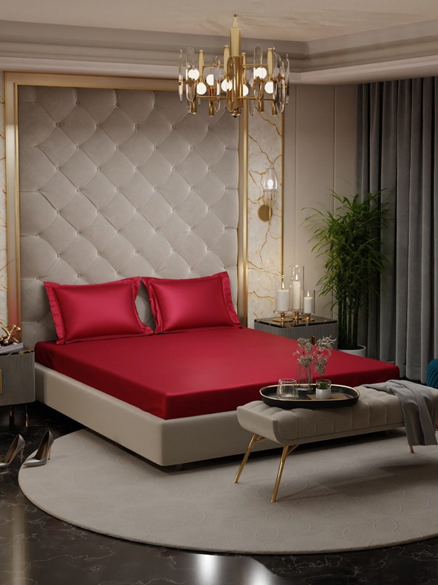 Stoa Paris Red 300 TC Polyester Super King Fitted Sheet with 2 Pillow Covers