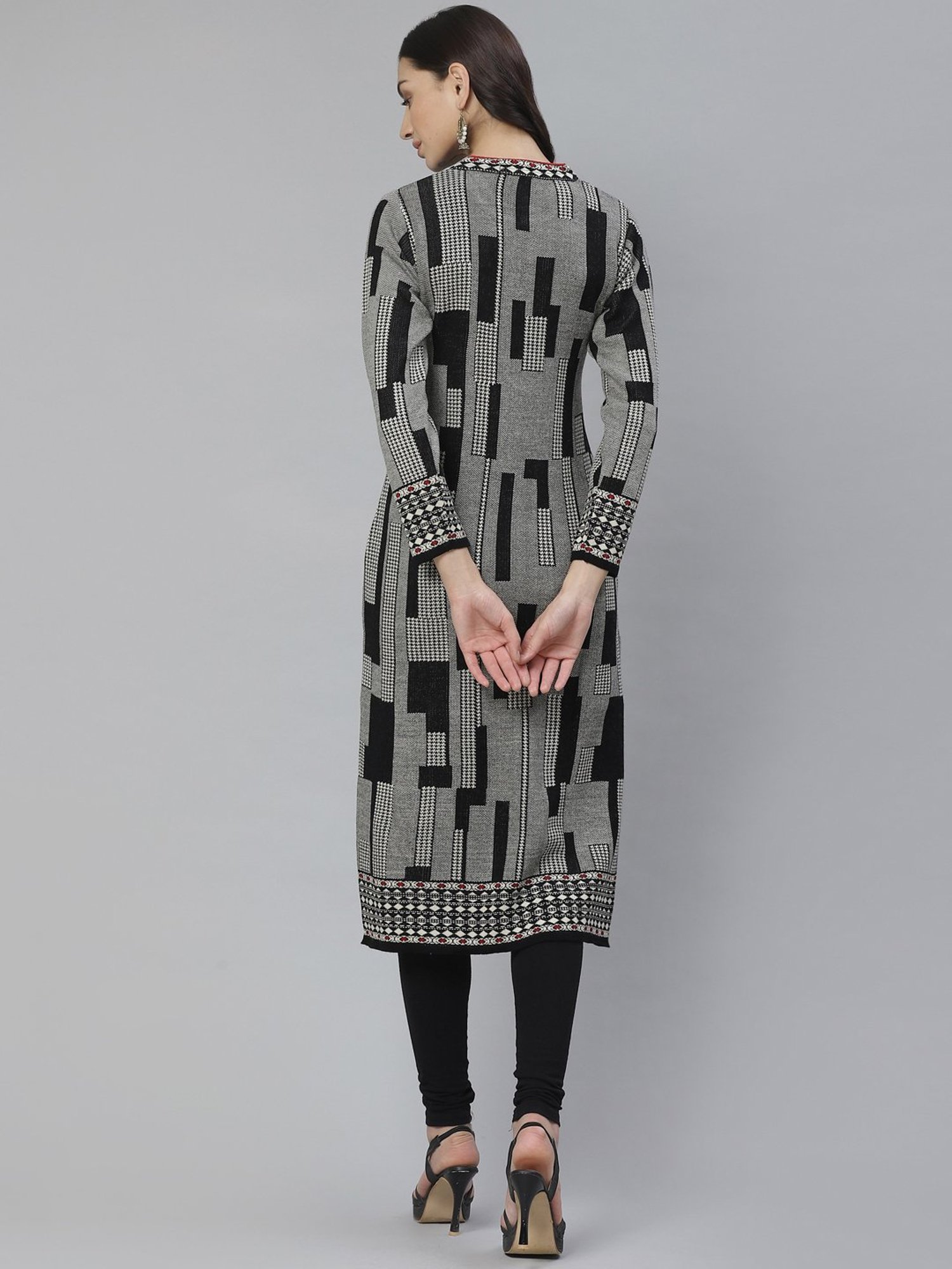 Cayman Black & White Woven Pattern Straight Kurta