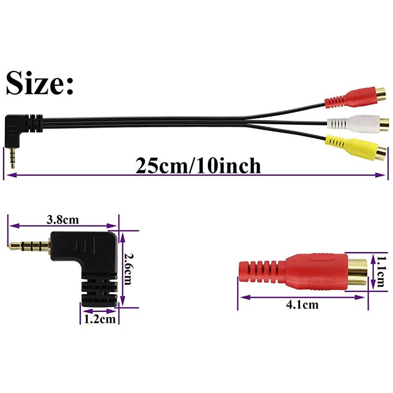 90 Degree 35mm to RCA Cable 4 Pole Left Right 35mm Male to 3 RCA Female Stereo Audio Adapter Extension Cable for SmartphonesMP3SpeakersHome Theater etc25cm10inchMF