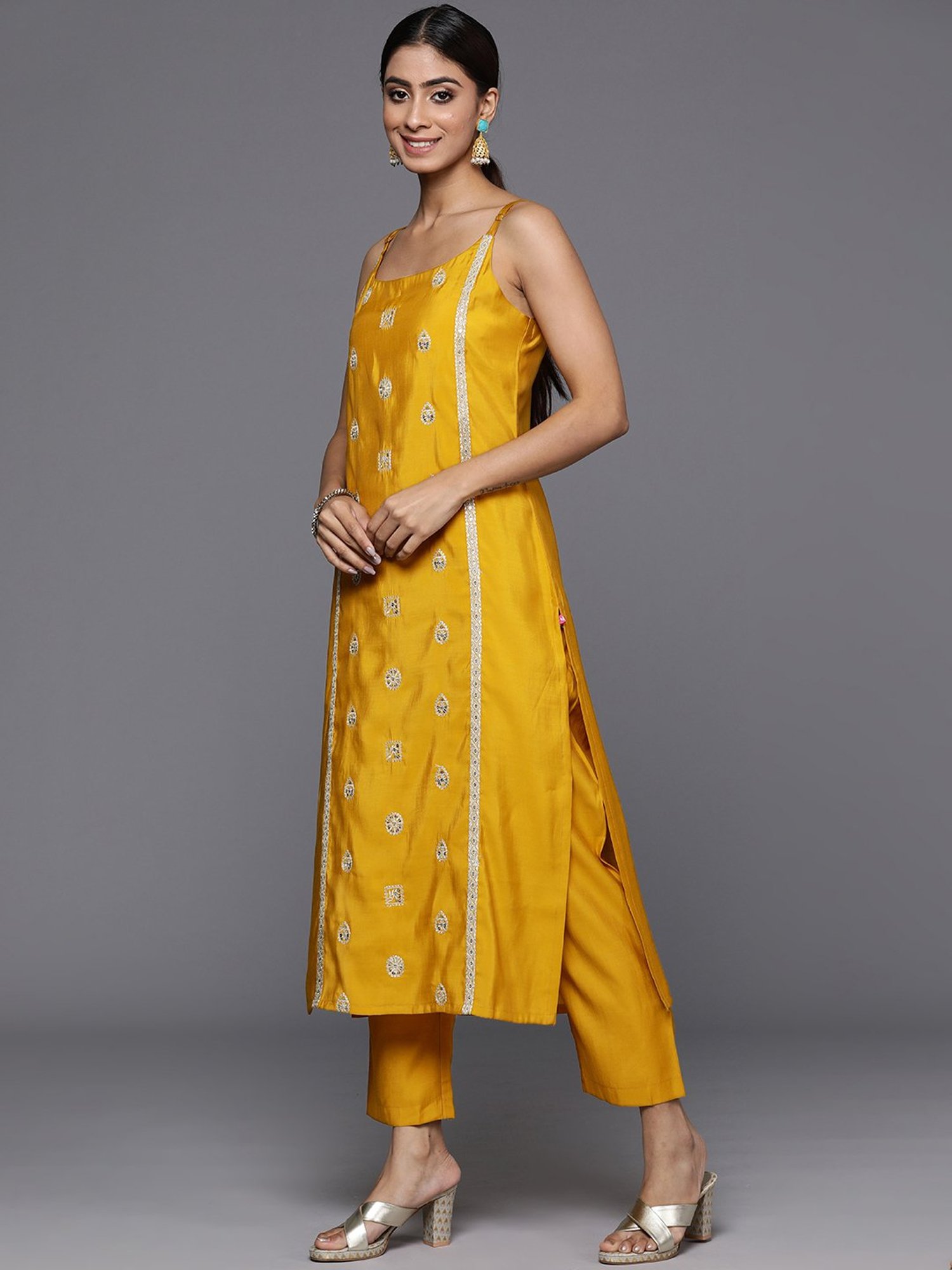 Varanga Mustard Embroidered Kurta Pant Set With Dupatta