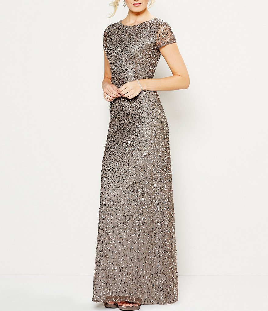 Adrianna Papell Crew Neck Short Sleeve Sequin Scoop Back Gown