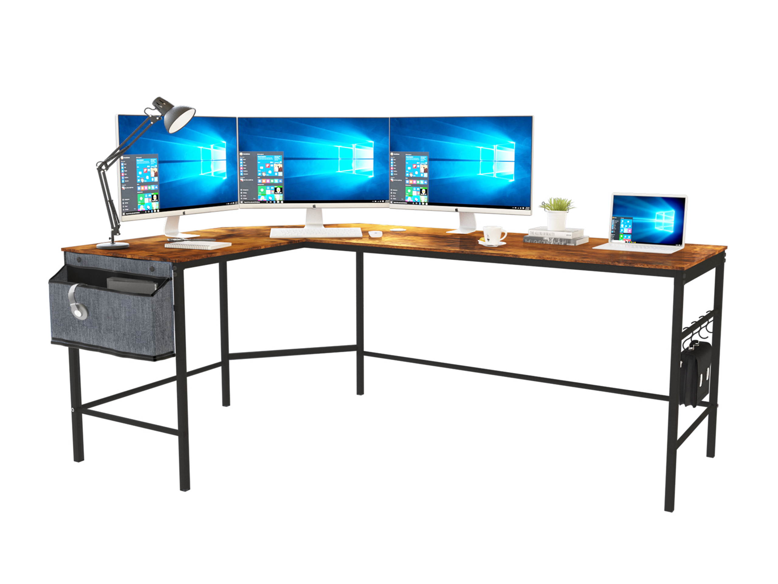 L-Shaped Computer Desk, Large Home Office Desk with Storage Bag and Iron Hook, Industrial Gaming Writing Study Desk, Computer Gaming Desk, Space-Saving Corner Work Station