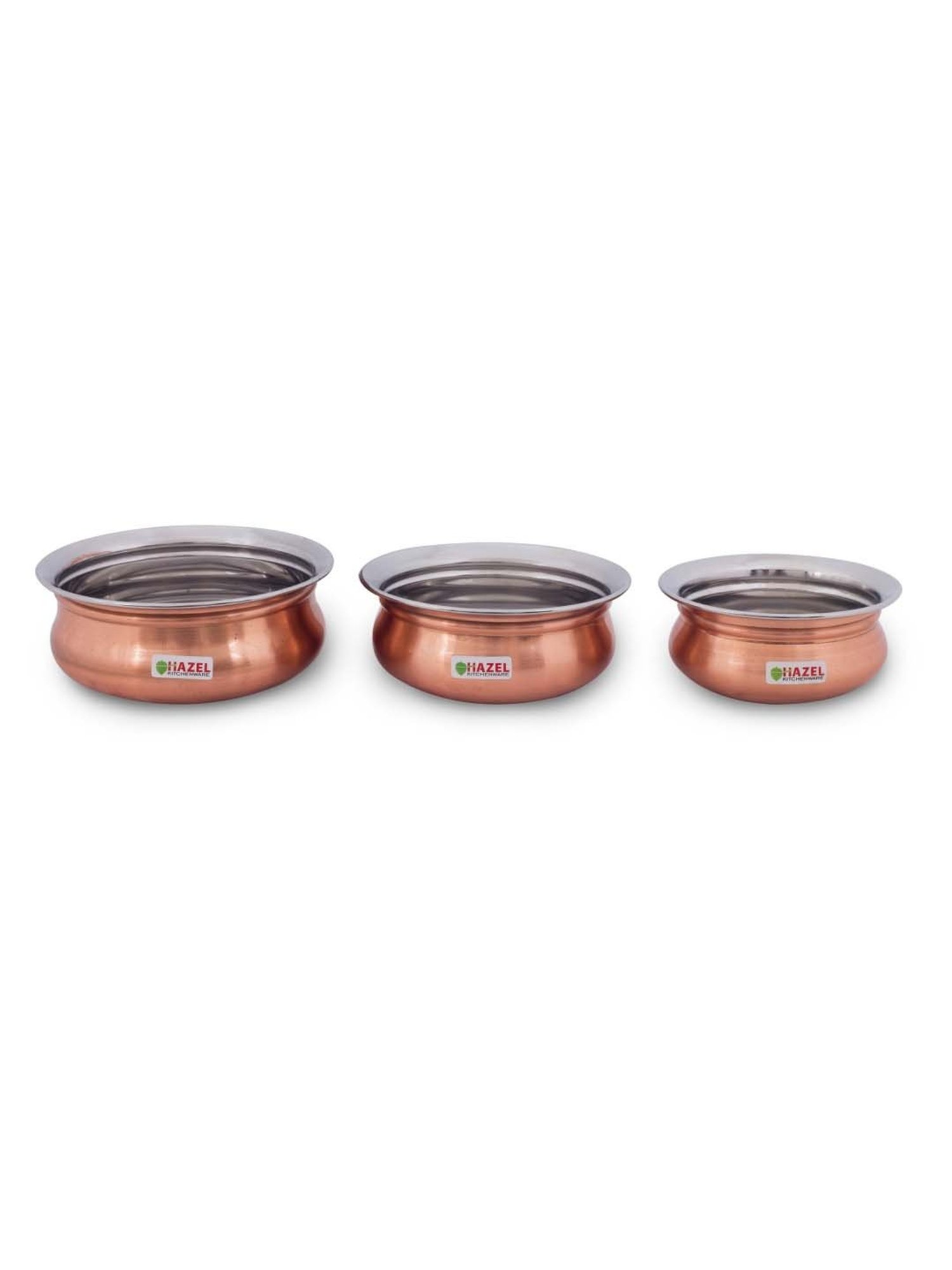 HAZEL Silver Stainless Steel & Copper Mini Handis (400 ml, 550 ml, 770 ml) - Set of 3