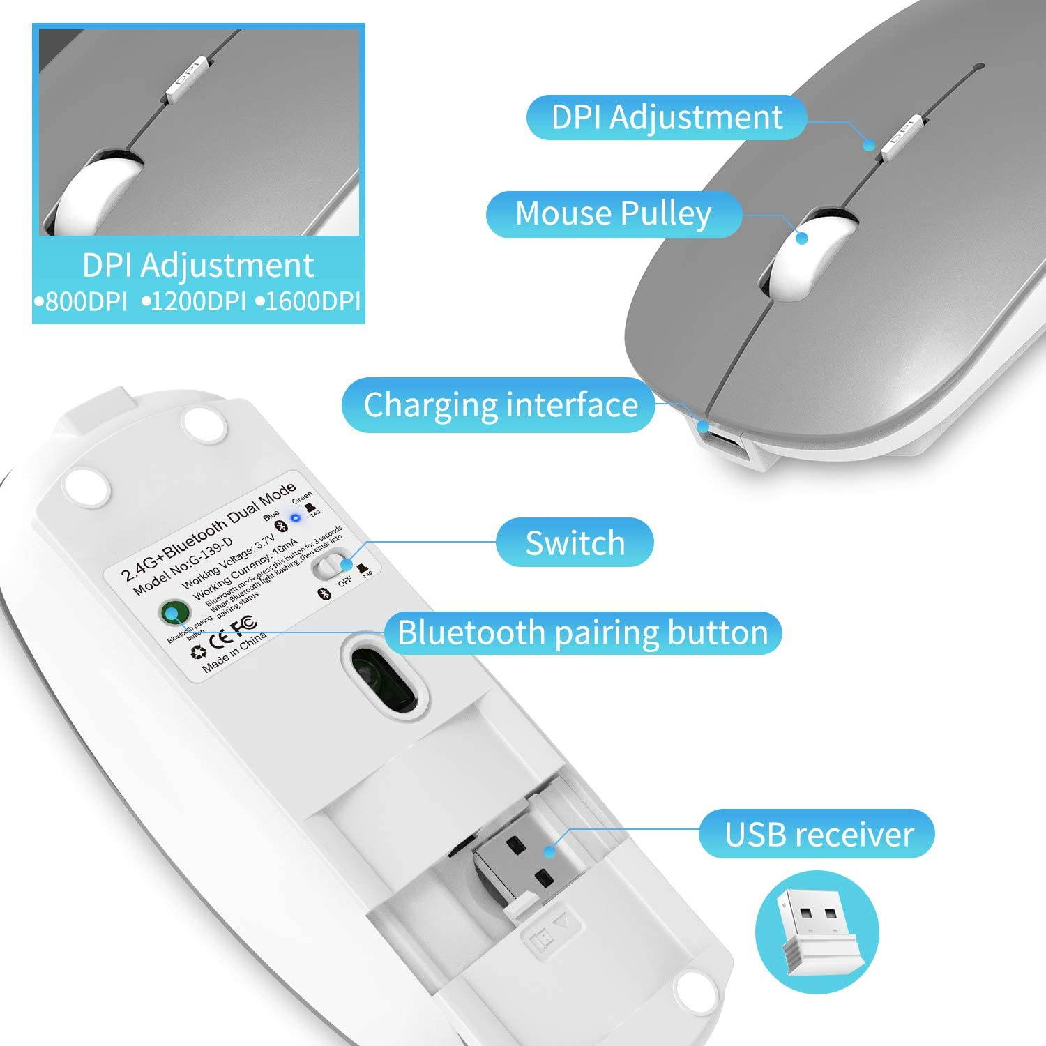 2.4GHz Wireless Bluetooth Mouse, 3 Adjustable DPI, Dual Mode Slim Rechargeable Wireless Mouse Silent USB Mice,Compatible for Laptop Windows Mac Android MAC PC Computer (Silver)