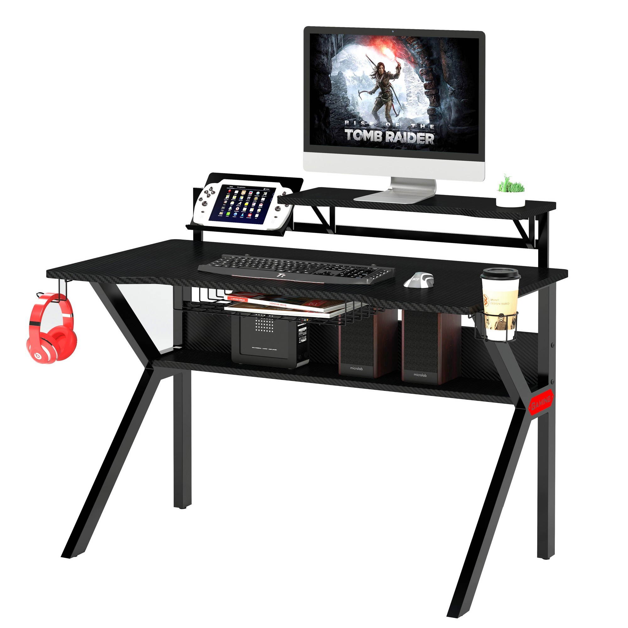 Gaming Desk 47.2" W x 23.6" D Office Computer Table, Black Gamer Workstation with 2 Cable Management Holes