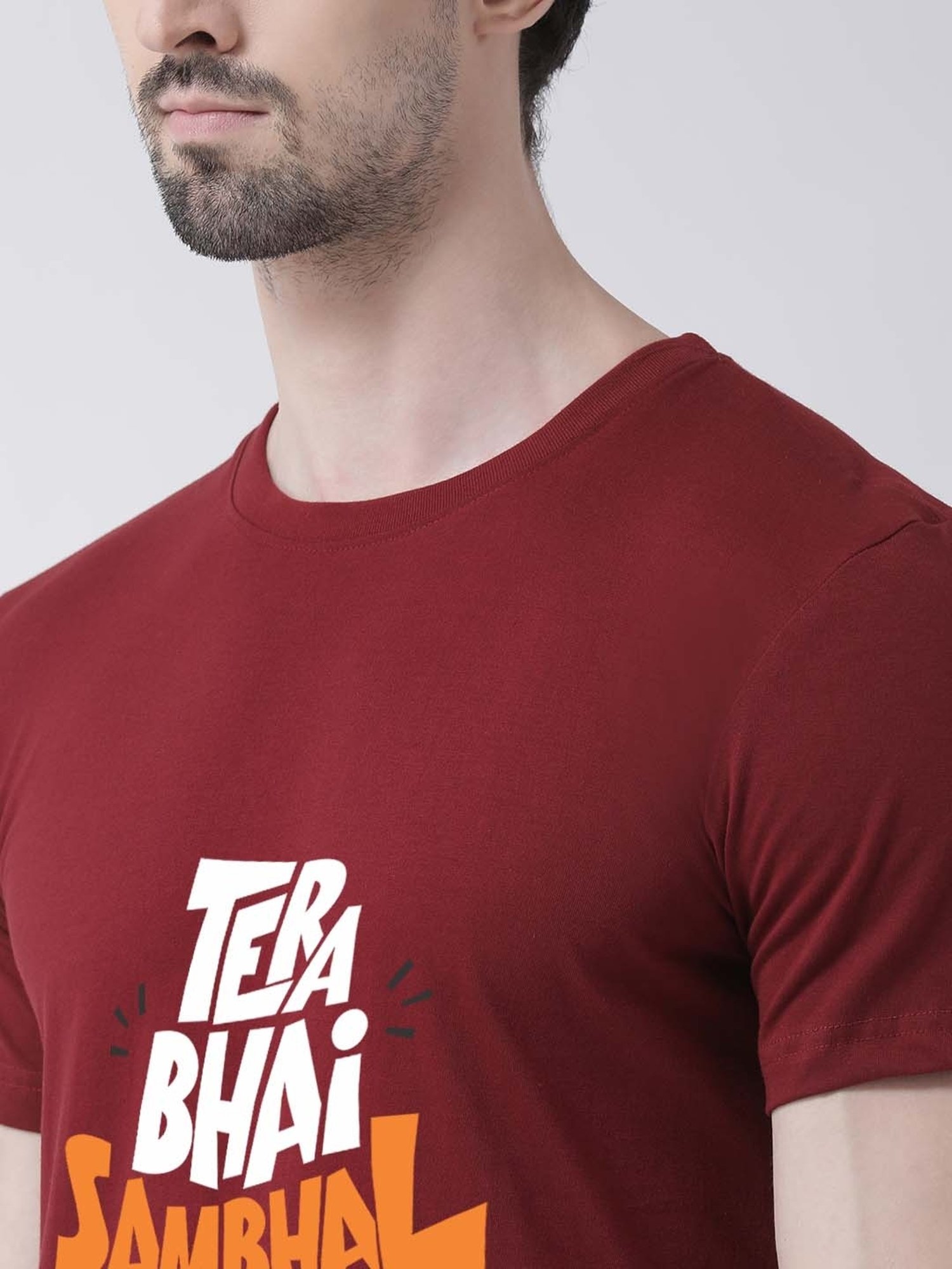 Friskers Maroon Cotton Slim Fit Printed T-Shirt