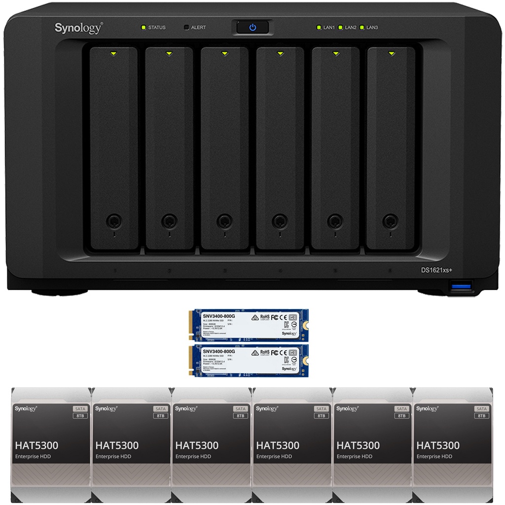Synology DS1621xs+ DiskStation with 8GB RAM, 1.6B (2x800GB) Cache and 96TB (6 x 16TB) of Synology Enterprise HAT5300 Drives Fully Assembled and Tested By CustomTechSales