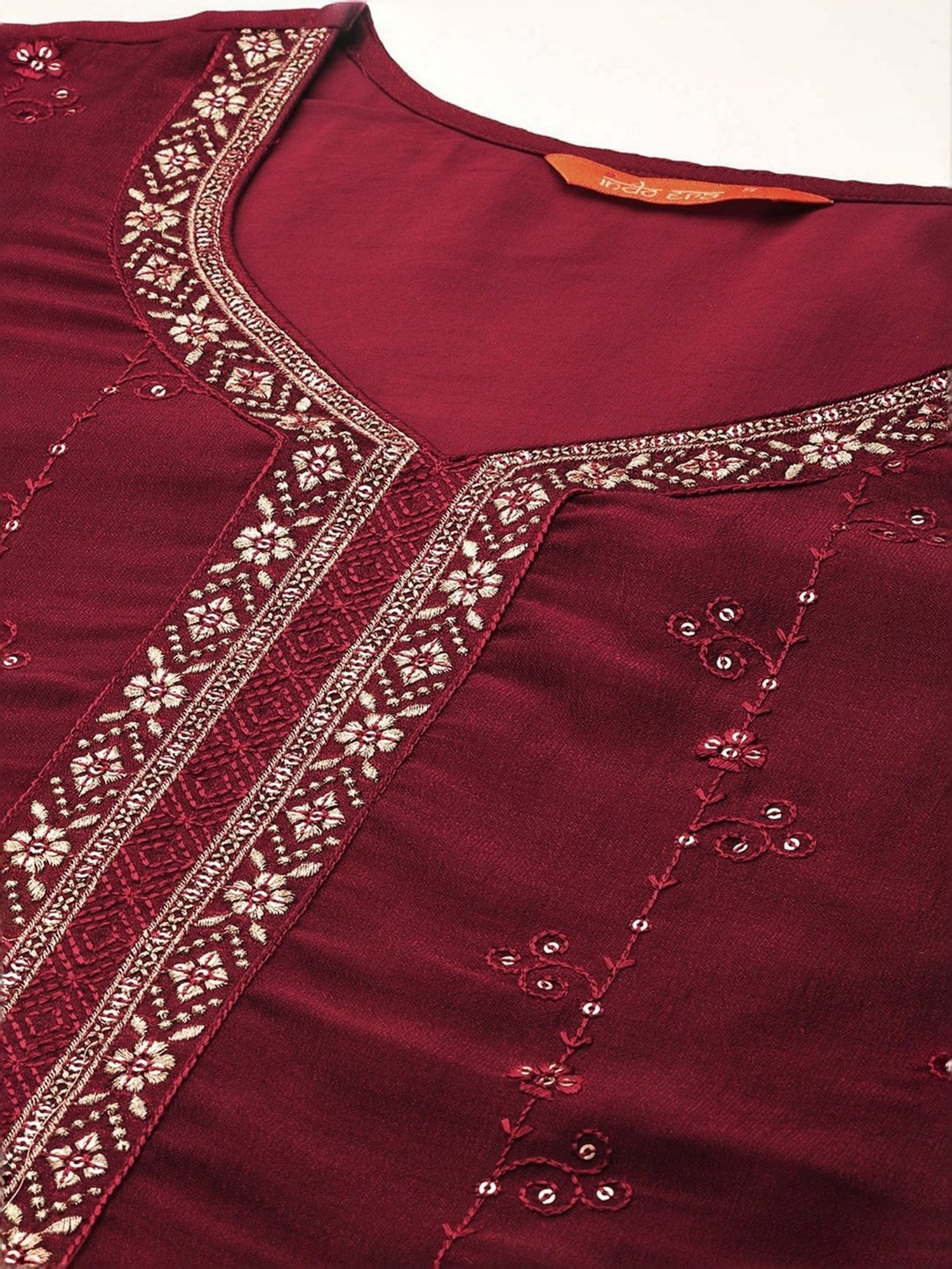 Indo Era Maroon Embroidered Kurta Pant Set With Dupatta