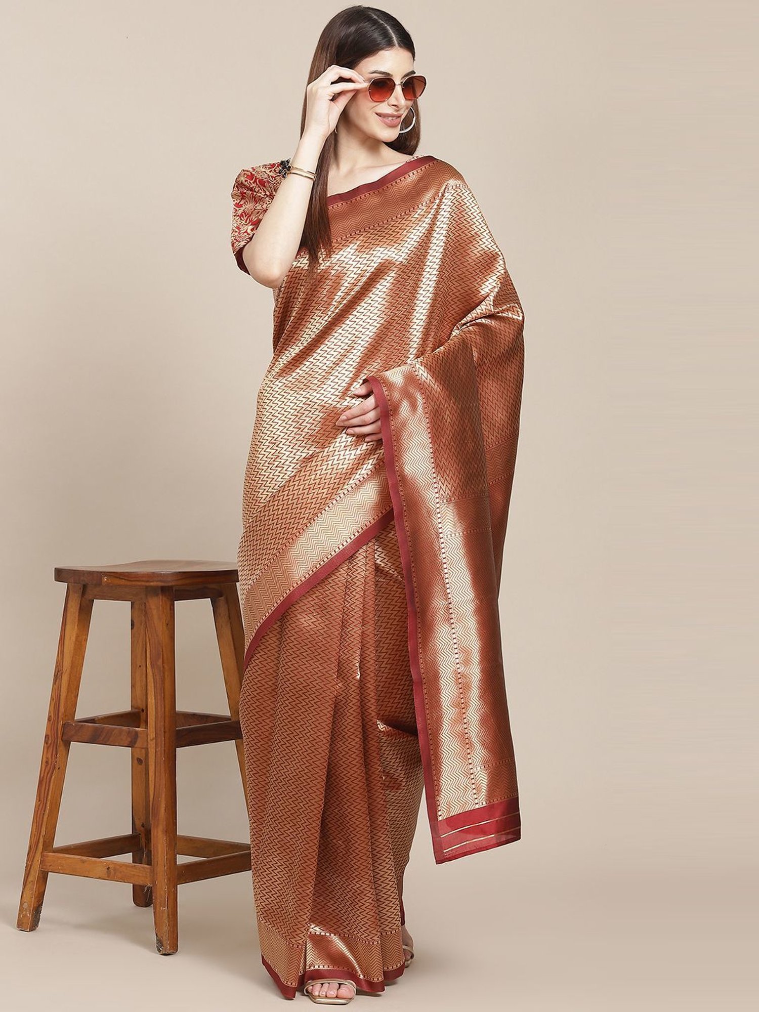 KSUT Brown & Maroon Silk Woven Saree With Unstitched Blouse