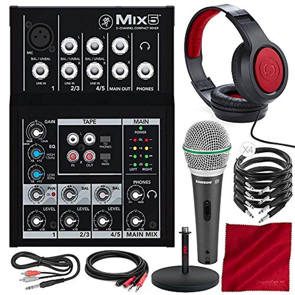 Mackie Mix Series Mix5 5-Channel Compact Mixer and Platinum Bundle w/ Dynamic Microphone + Studio Desktop Mic Stand + Headphones + Cables + Fibertique Cloth