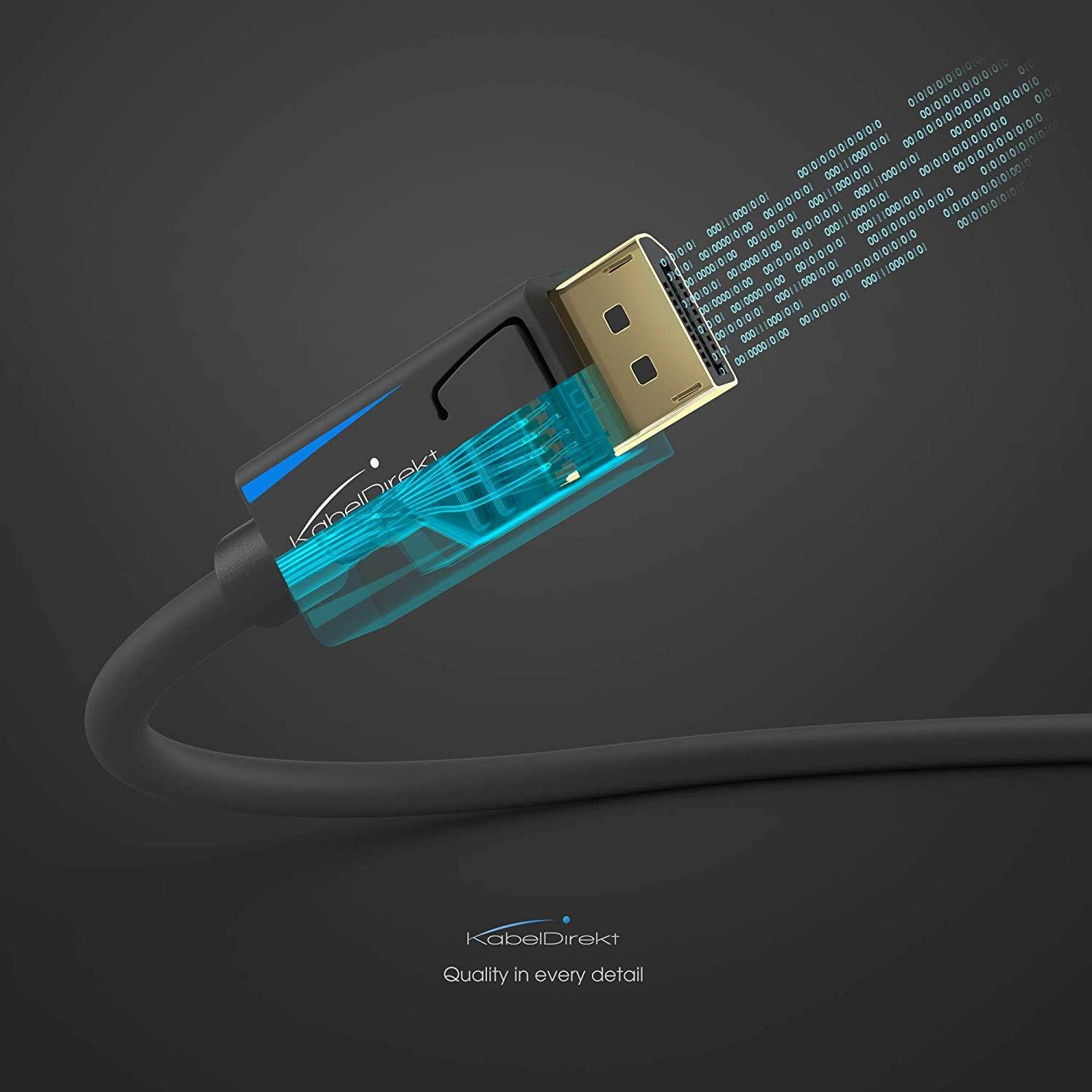 KabelDirekt - 8K DisplayPort (DP to DP) Cable - 10ft - (up to 32.4 Gbit/s, UHD with 8 K / 60 Hz or 4 K / 120 Hz, Supports HBR3, DSC 1.2, HDR 10, Lockable Connector, Black) - TOP Series