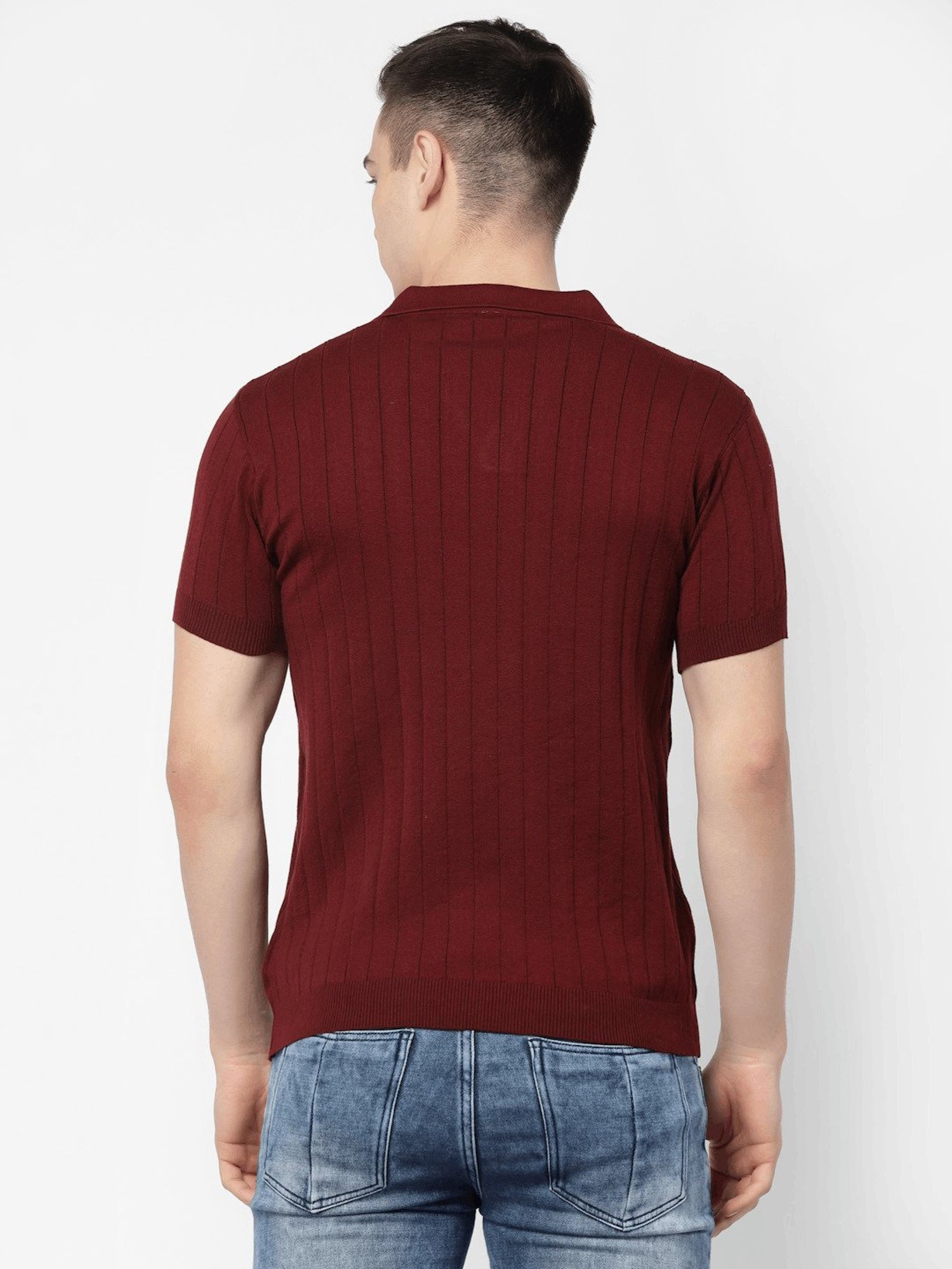 Kalt Maroon Regular Fit Striped Polo T-Shirt