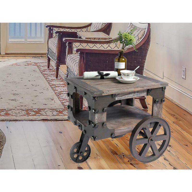 Vintiquewise Industrial Wagon Style Small Rustic End Table with Storage Shelf and Wheels