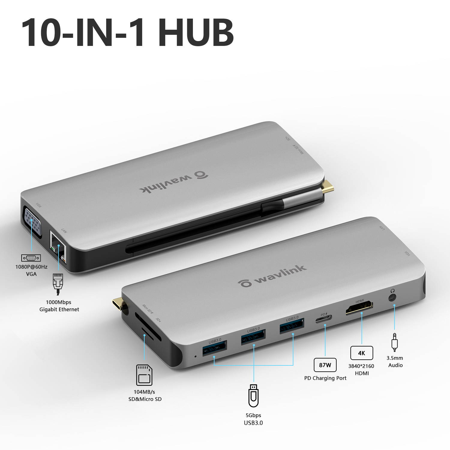 Wavlink USB C Hub, PD 7-in-1 Type C Adapter Mini Docking Station Aluminum with 4K 30Hz HDMI, 2K 60Hz VGA, 2 USB 3.0, SD/TF Card Reader, 87W Laptop Power Delivery for Windows Mac and More, Plug & Play