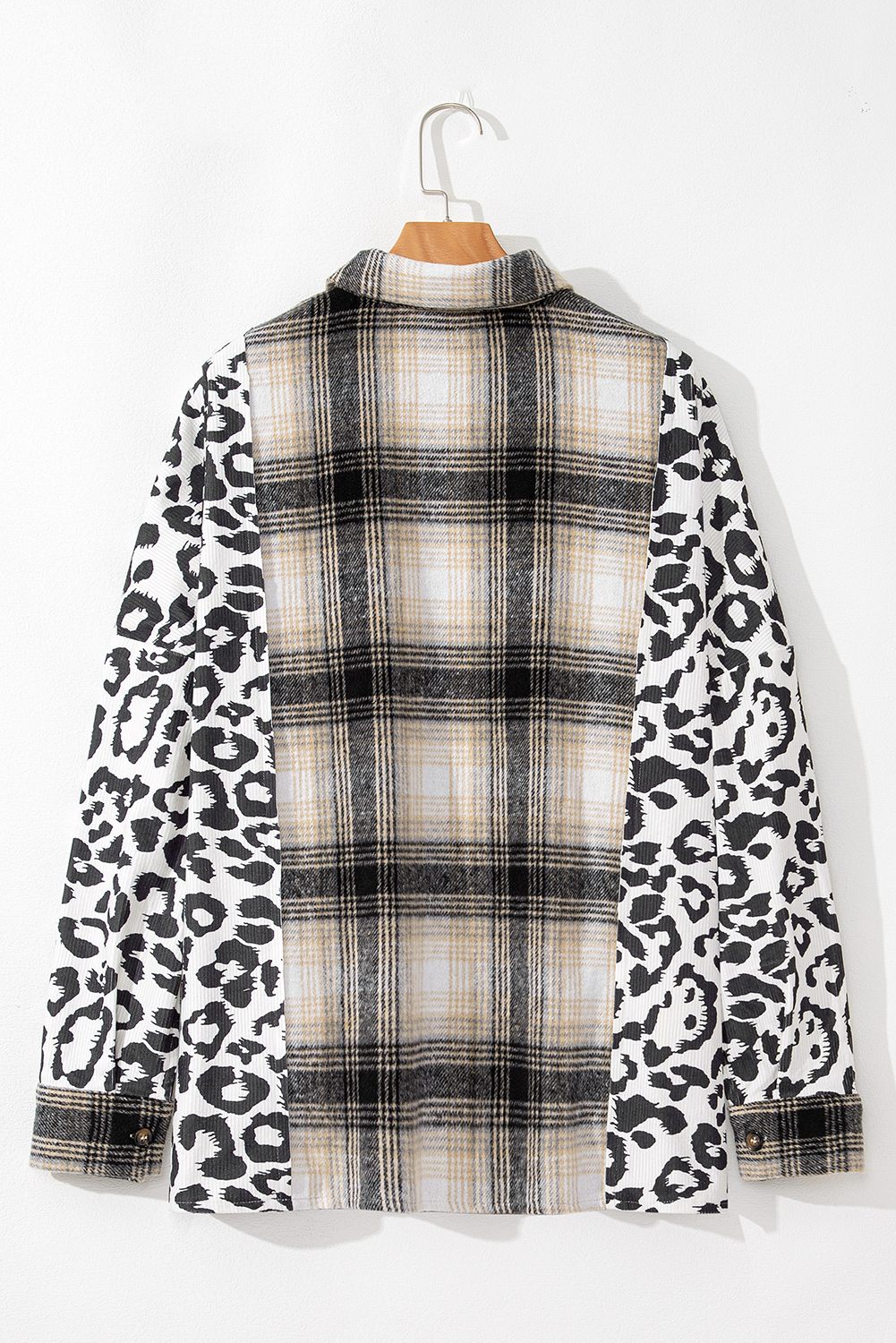 Black Plus Size Plaid Leopard Patchwork Raw Hem Shacket