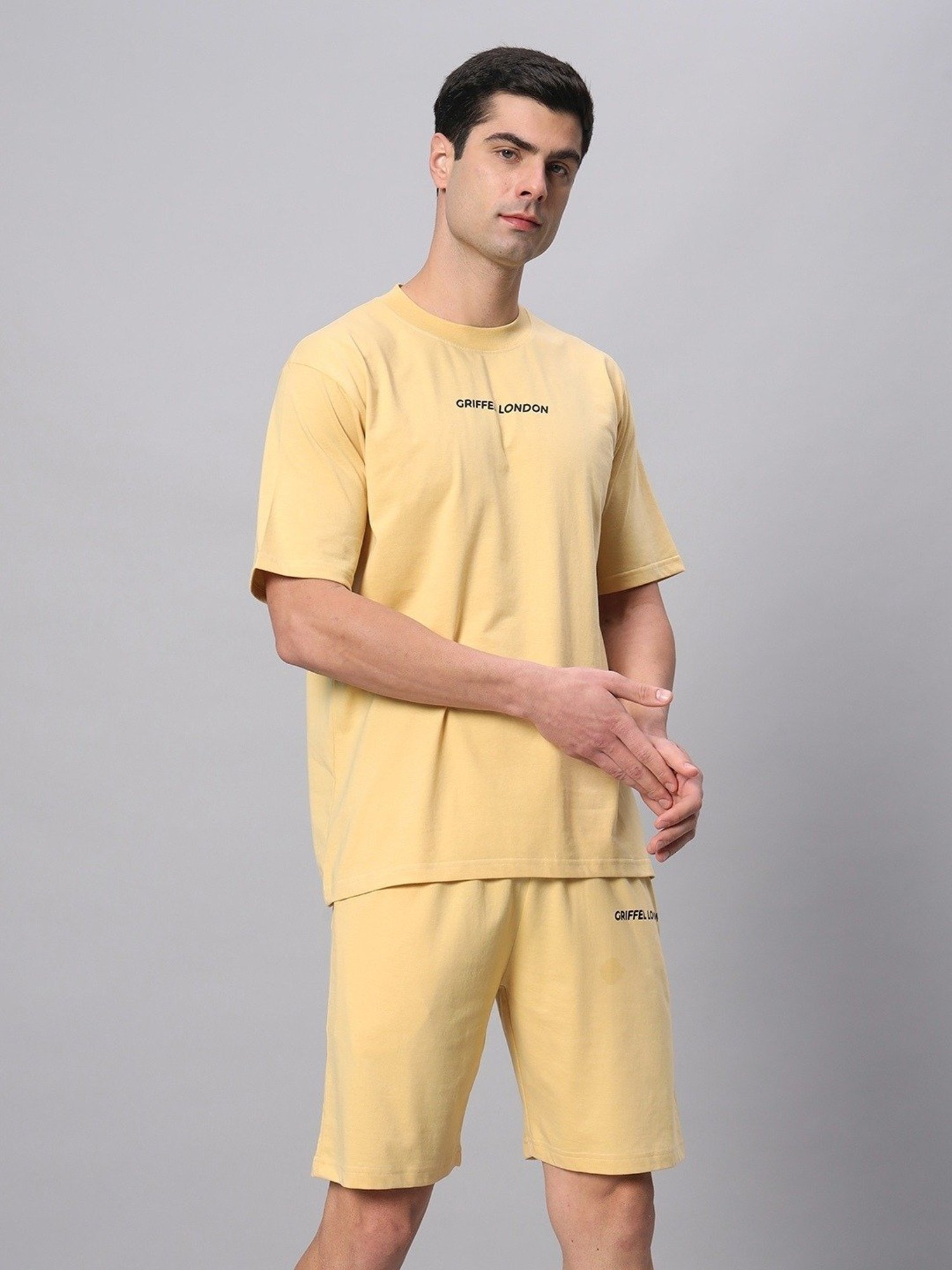 Griffel Yellow Cotton Loose Fit Logo Printed Co-Ord Set