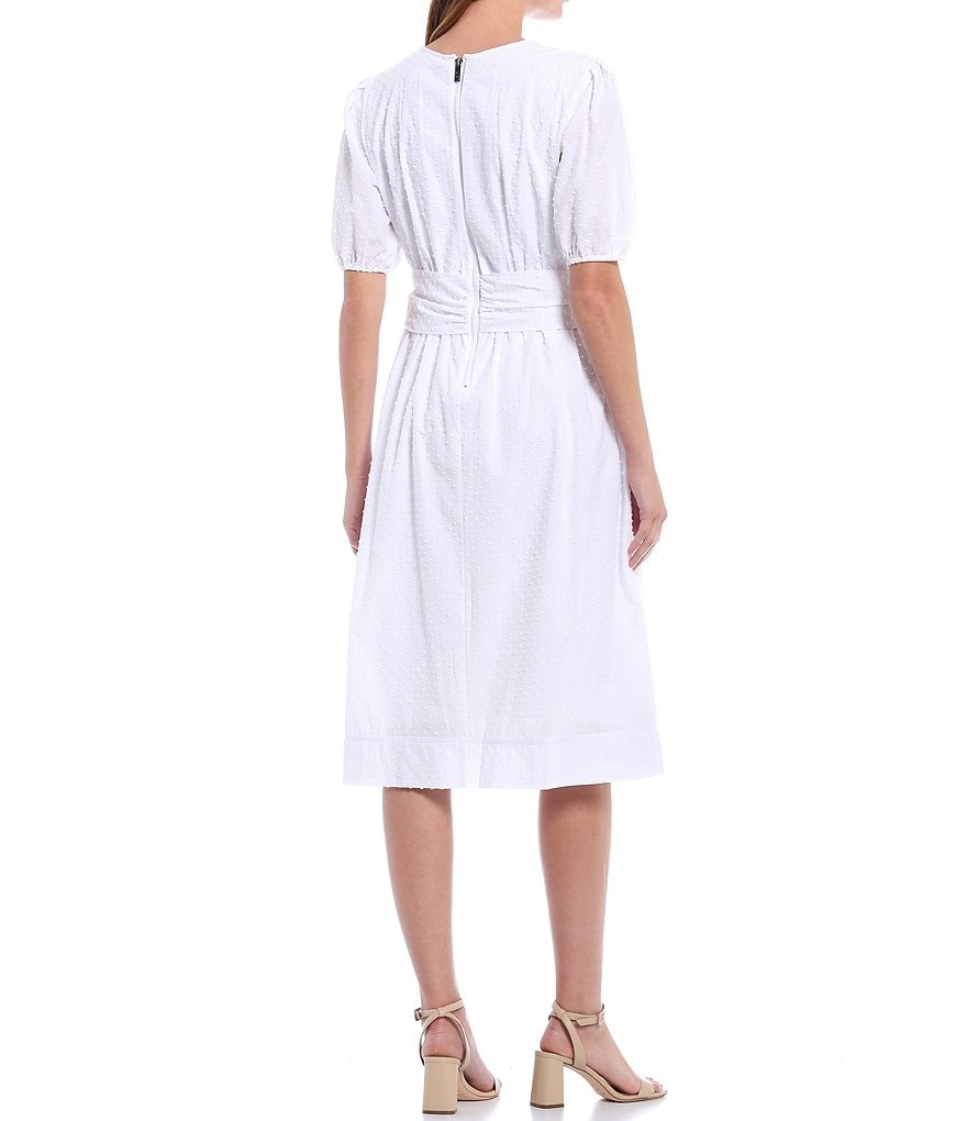 LDT Connie Dotted Tie Front Short Sleeve Blouson Midi Dress