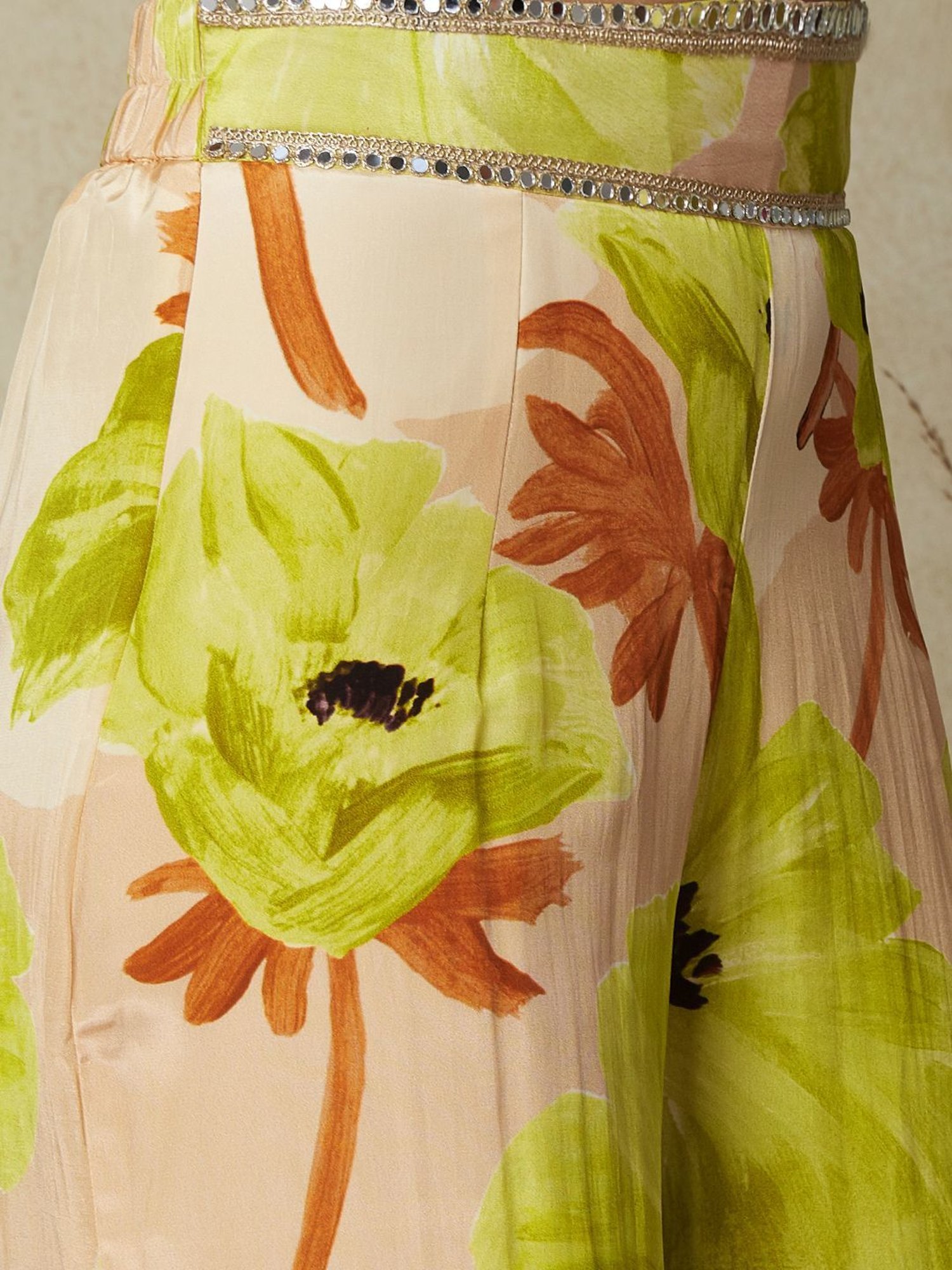 Fashor Beige Floral Print Crop Top Palazzo Set With Jacket