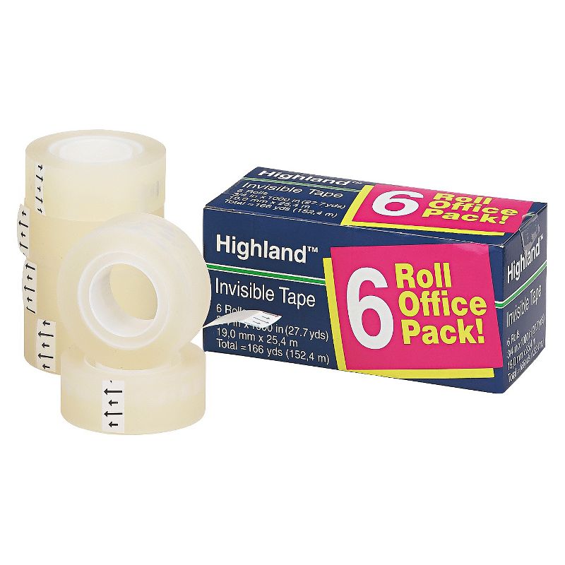 Highland Invisible Permanent Mending Tape, 3/4" x 1000", 1" Core, Clear, 6/Pack