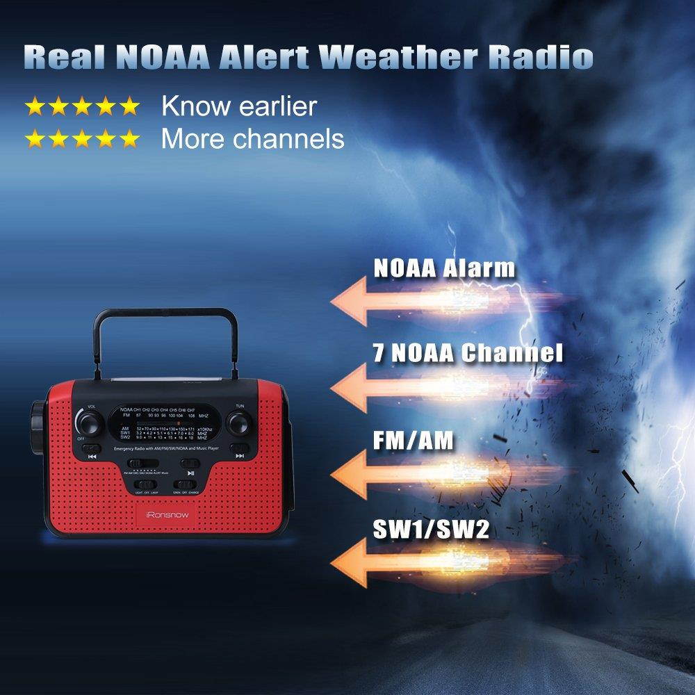 Real NOAA Alert Weather Radio with Alarm, iRonsnow IS-388 Solar Hand Crank Emergency AM/FM/SW/WB Radio, TF Card Speaker, LED Flashlight & Reading Camping Lamp, 2300mAh Cell Phone Charger