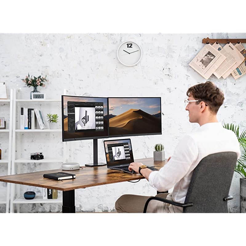 Dual Monitor Stand - Heavy Duty Dual Arm Monitor Desk Mount Fully Adjustable, Fit 2/Two LCD Screens up to 27 Inch with C-Clamp and Grommet Base, Silver