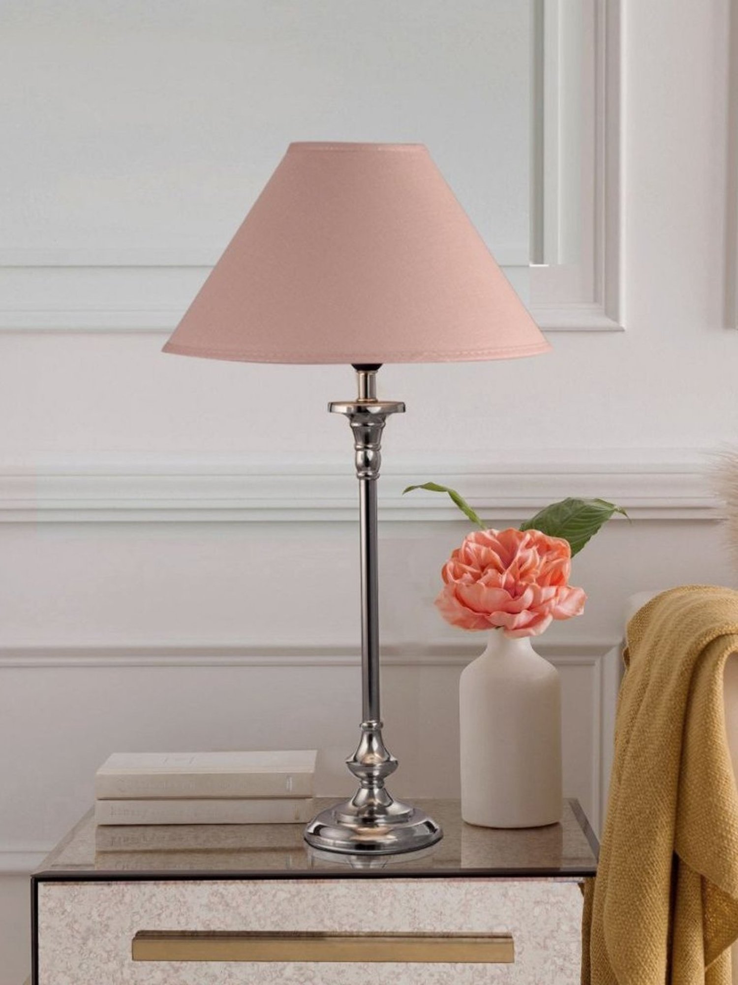 Kapoor Lamp Shades Chrome & Pink Metal Evelyn Chrome Cotton Shade Table Lamp