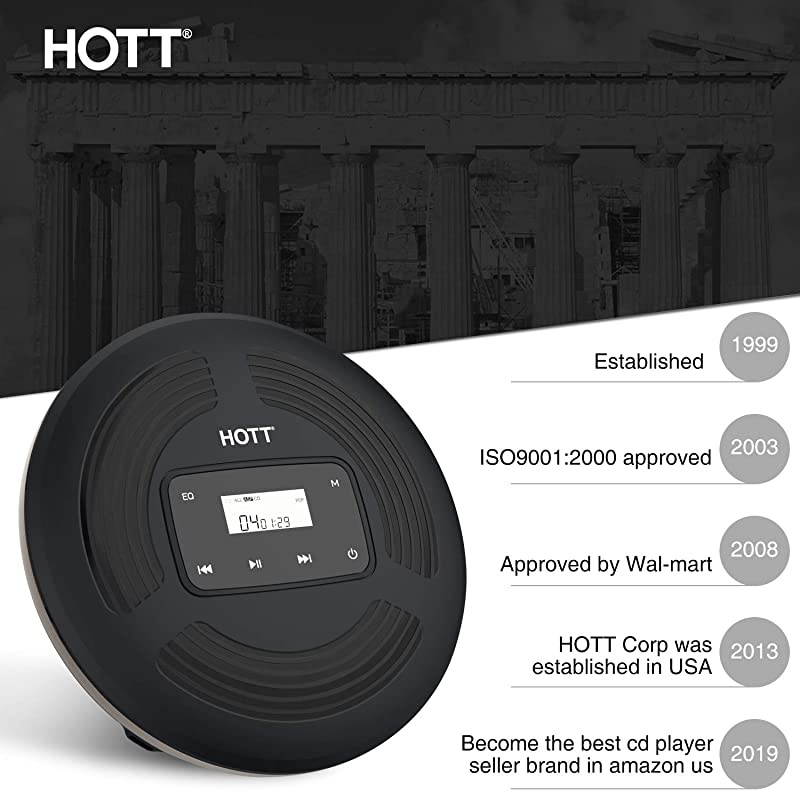 CD903 Portable cd Player Rechargeable for Home Travel and car with Stereo Headphones Touch Buttons and Backlight Display AntiShock ProtectionBlack