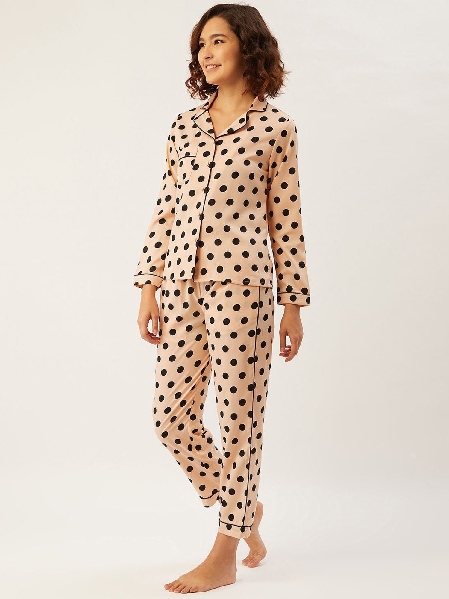 Anvi Be Yourself Cream Polka Dots Shirt Pyjama Set