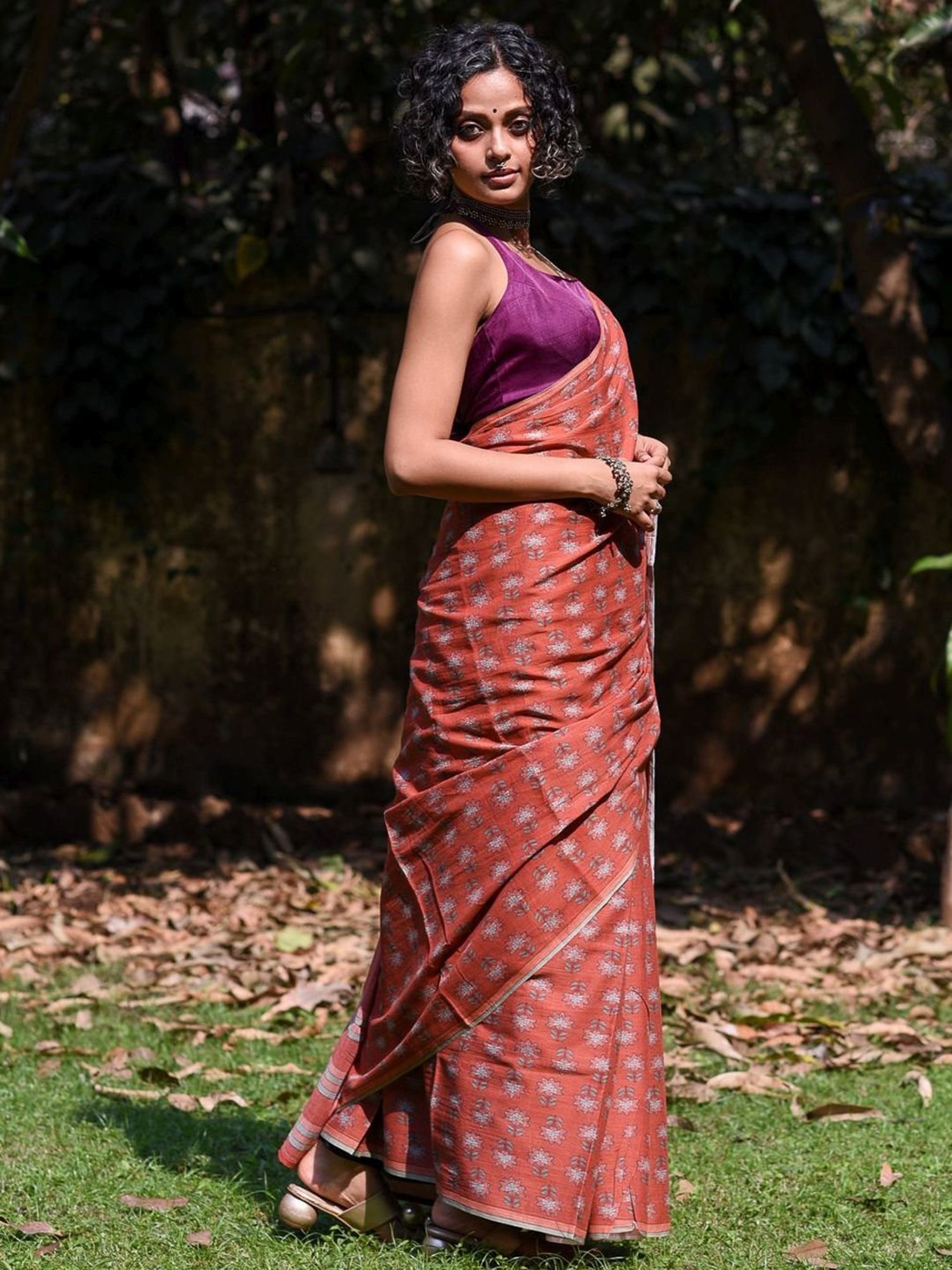 Suta Rust Cotton Floral Print Saree Without Blouse