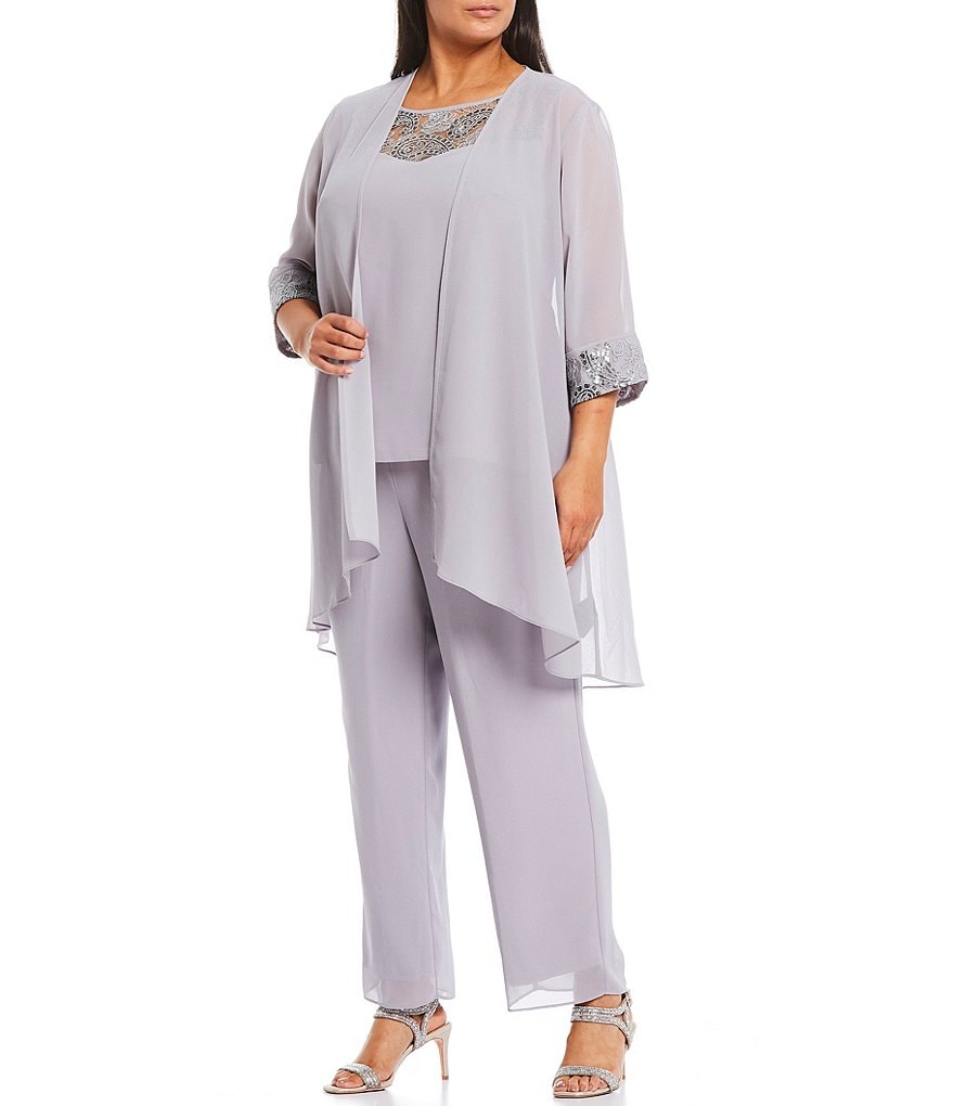 Le Bos Plus Size Crew Neck 3/4 Sleeve Chiffon Embroidered 3-Piece Pant Set