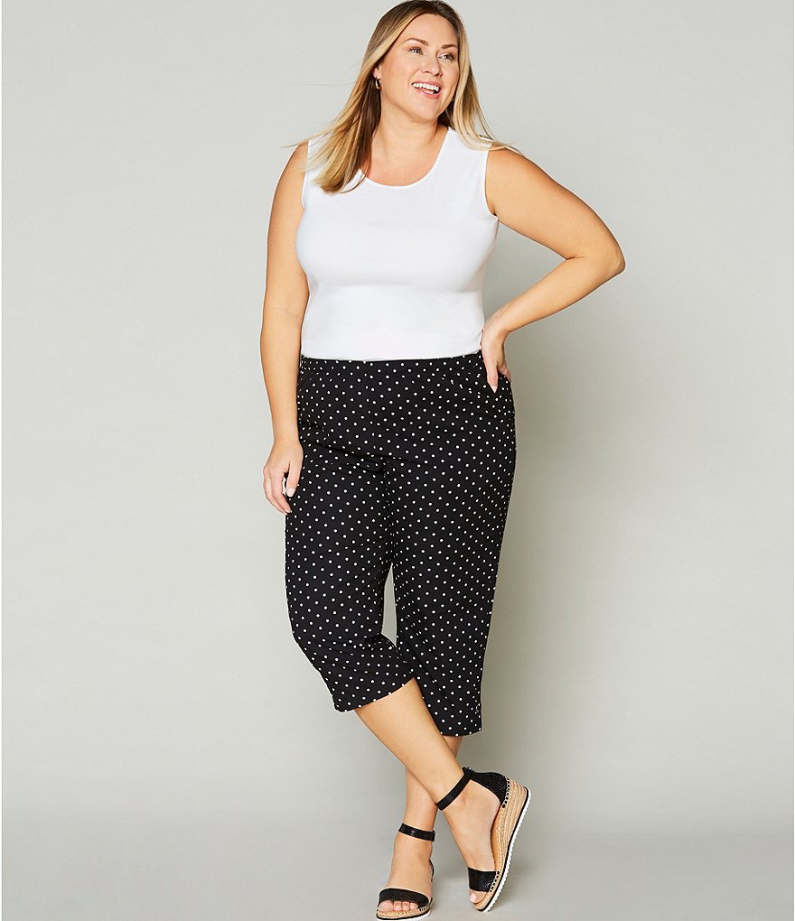 Allison Daley Plus Size Polka Dot Print Microfiber Twill Silver Ring Embellished Hem Detail Capri