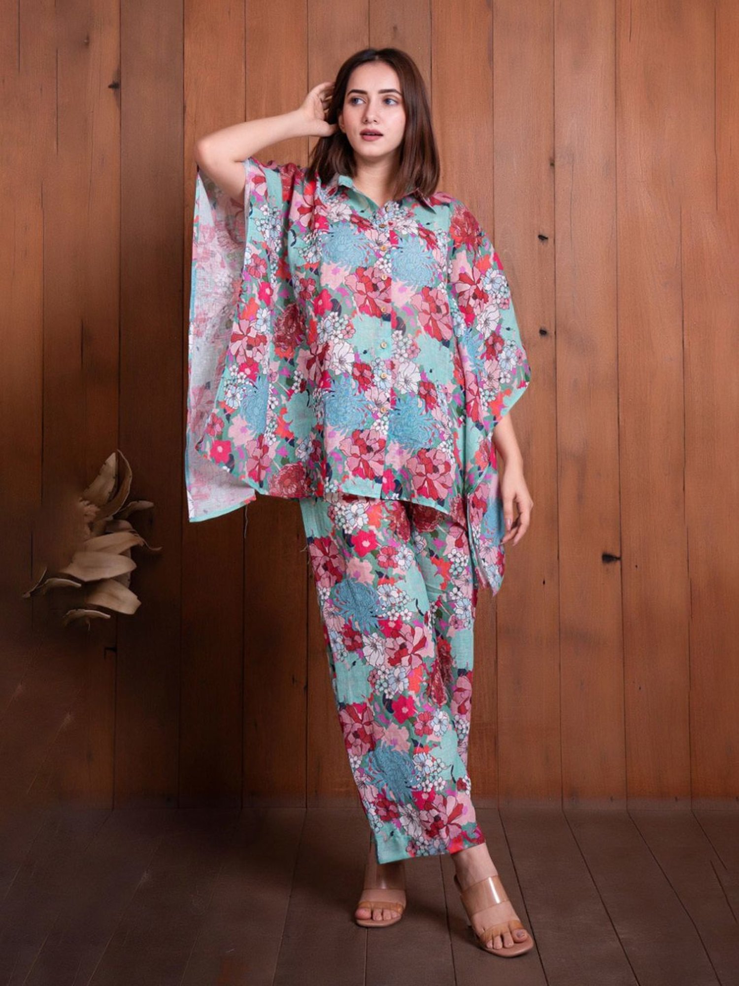 Eeshva India Multicolored Floral Illusion Linen Kaftan Style Shirt with Pant