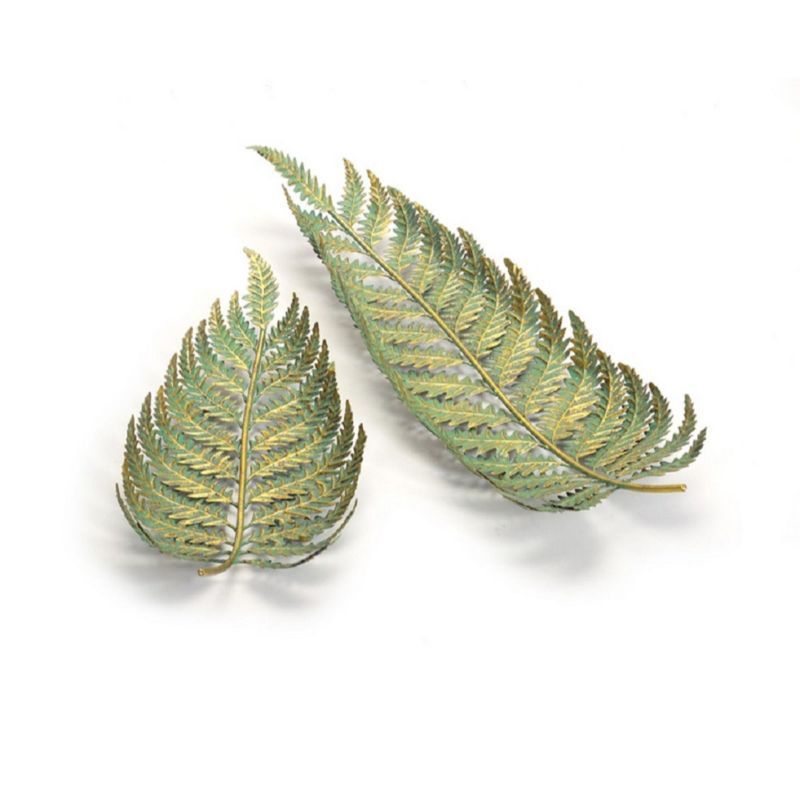 Melrose Set of 2 Weathered Glittered Fern Frond Shaped Accent Serving Trays 25" - Green/Gold