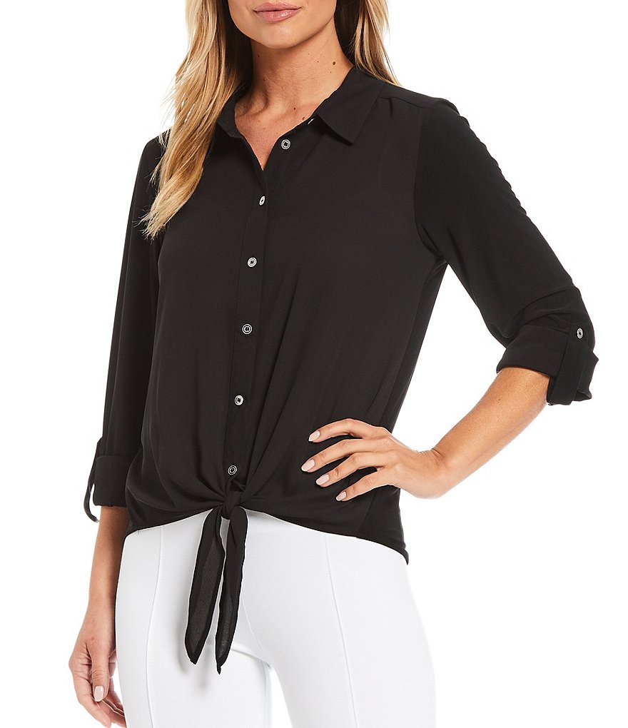 Slim Factor by Investments Hannah Point Collar Neck Roll-Tab 3/4 Sleeve Button Down Tie-Front Top