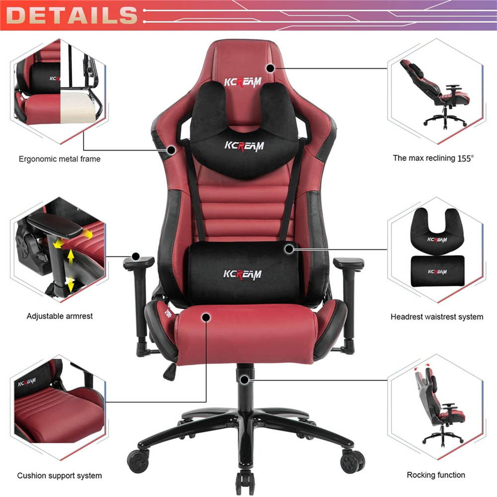 KCREAM PU Big and Tall Ergonomic Gaming Chair, Adjustable High Back Swivel Computer Chair Headrest Lumbar Support 400lbs Reclining Office Desk Chair for Adlut