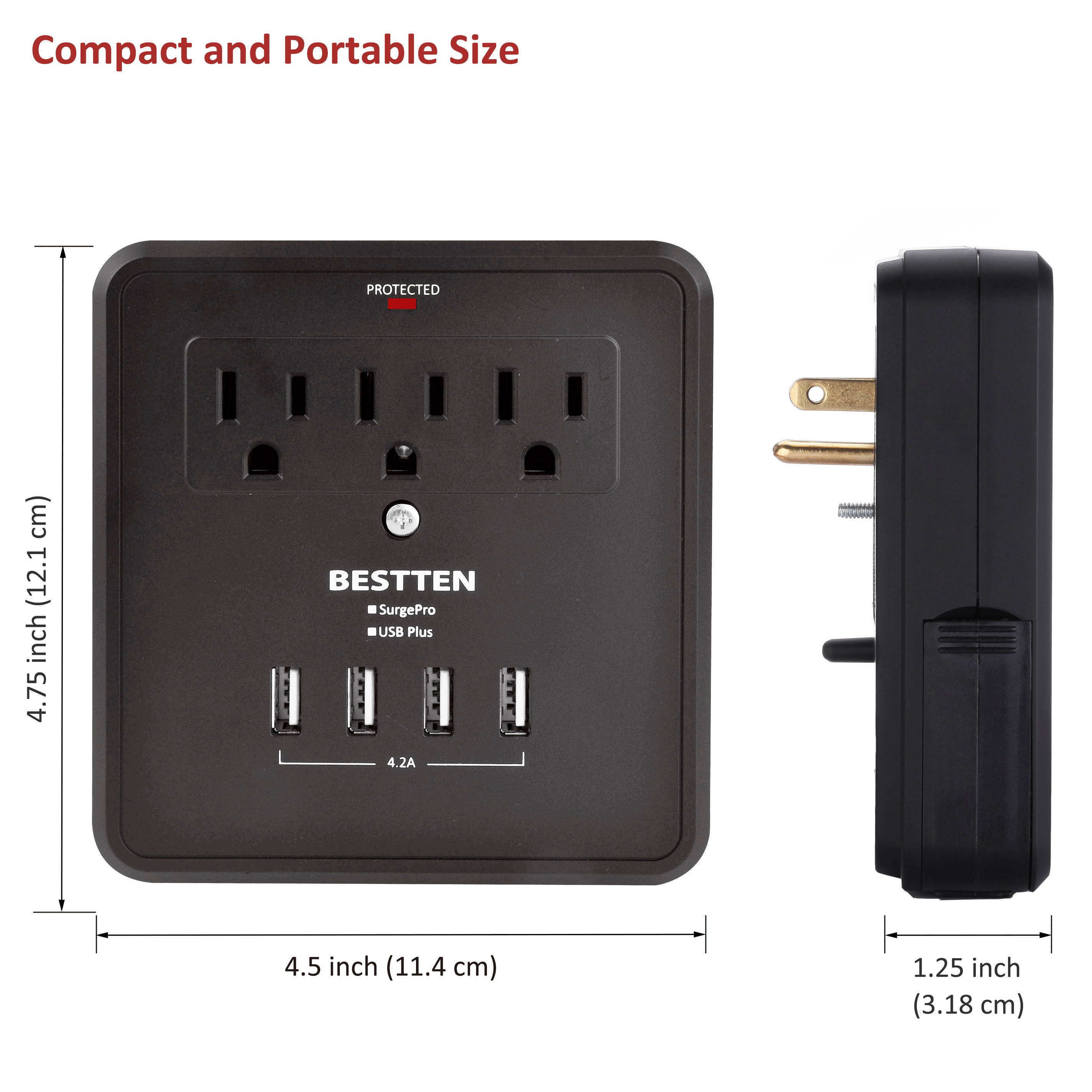 BESTTEN Multi Outlet Wall Tap Adapter Surge Protector with 4 USB Charging Ports (4.2A Total), 3 Outlet Multipliers and 2 Slide-Out Phone Holders, 15A/125V/1875W, ETL Certified, Black