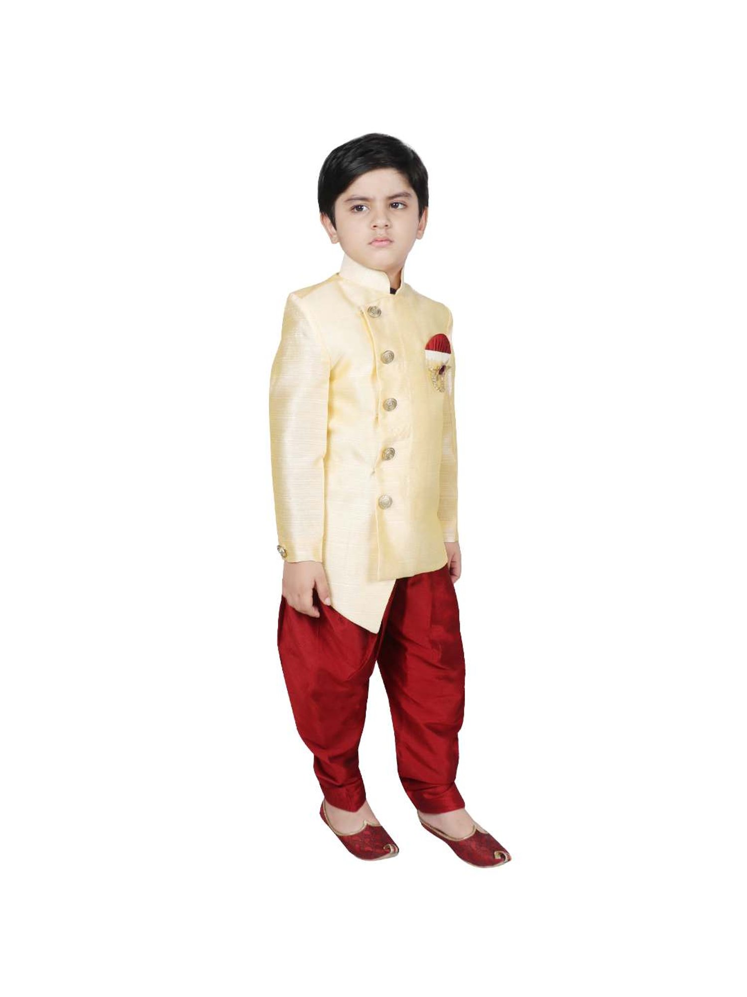 SG Yuvraj Kids Beige & Red Solid Sherwani with Pyjama
