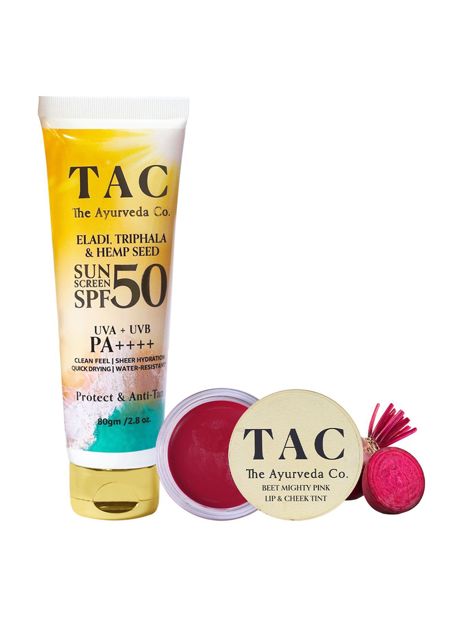 TAC - The Ayurveda Co. Beet Lip & Cheek Tint & Eladi, Triphala & Hemp Seed SPF 50 Sunscreen